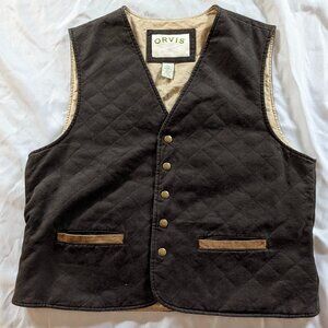 Orvis Men's Large Brown Cotton Quilted V-Neck Vest Faux Leather Trim